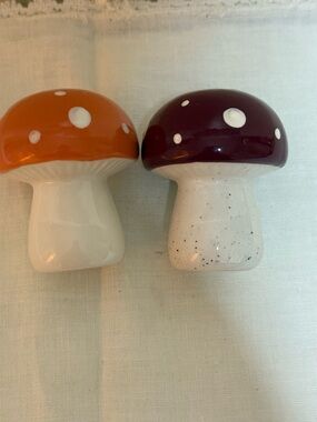 Ceramic Mushroom Salt and Pepper Shakers - Orange & Plum